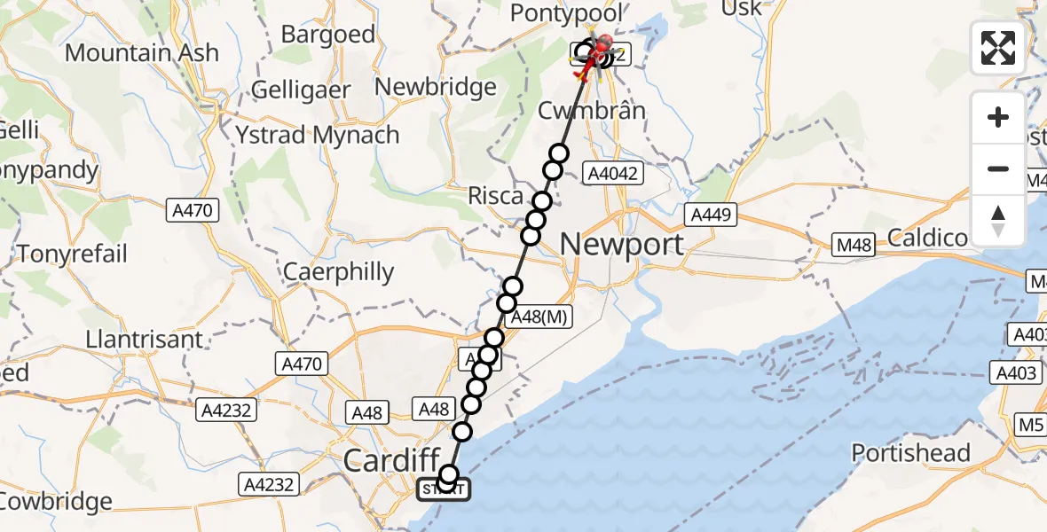Flight route Air Ambulance Helicopter Cardiff Heliport - Cwmbrân, 11 August 2026, 16:08