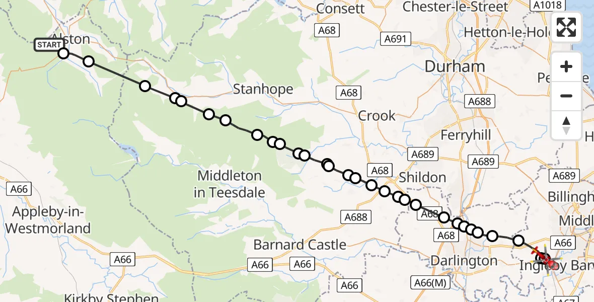 Flight route Air Ambulance Helicopter Alston Moor - Eaglescliffe, 11 August 2026, 16:09