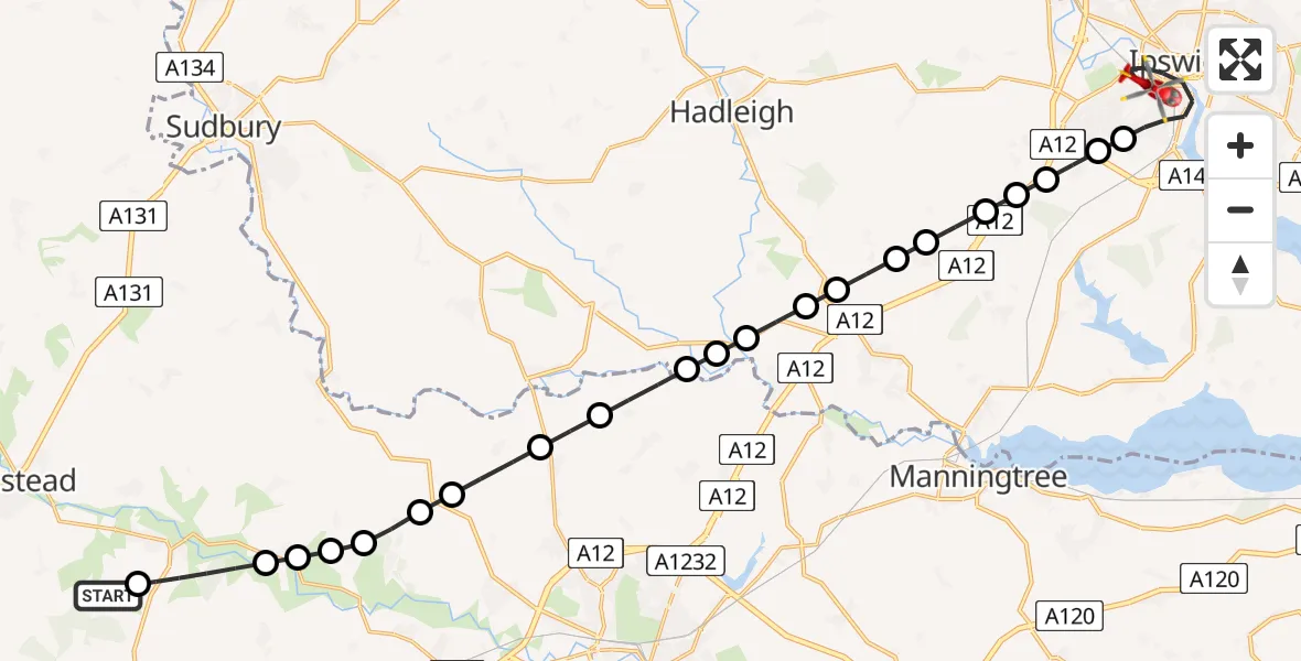 Flight route Air Ambulance Helicopter Earls Colne Airfield - Ipswich, 11 August 2026, 16:14