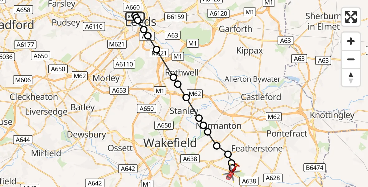 Flight route Air Ambulance Helicopter Woodhouse - YAA Nostell Helicopter Port, 11 August 2026, 16:19