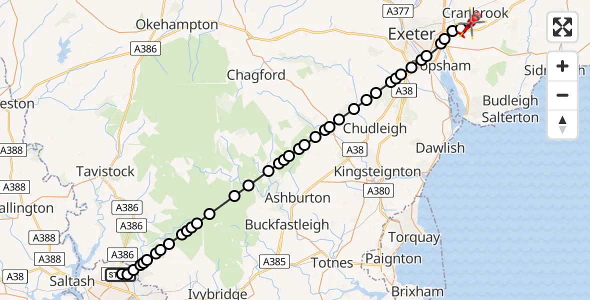 Flight route Air Ambulance Helicopter Derriford Hospital - Exeter International Airport, 11 August 2026, 16:20