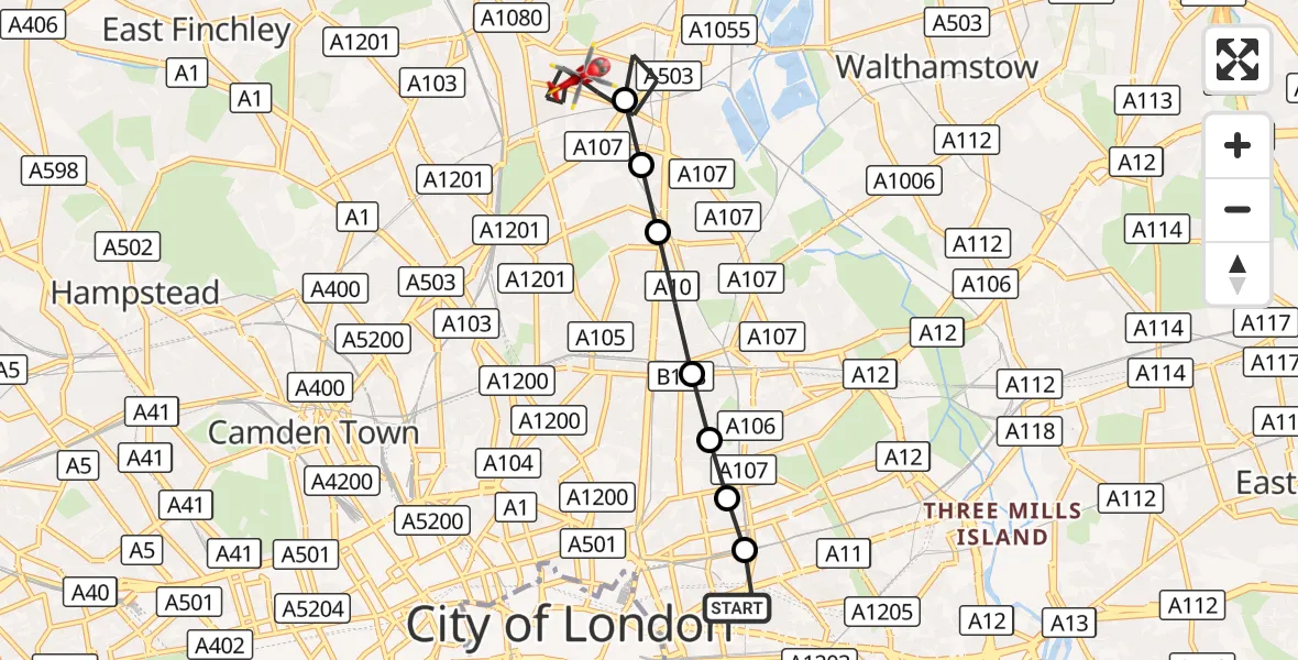 Flight route Air Ambulance Helicopter Royal London Hospital - West Green, 11 August 2026, 16:20