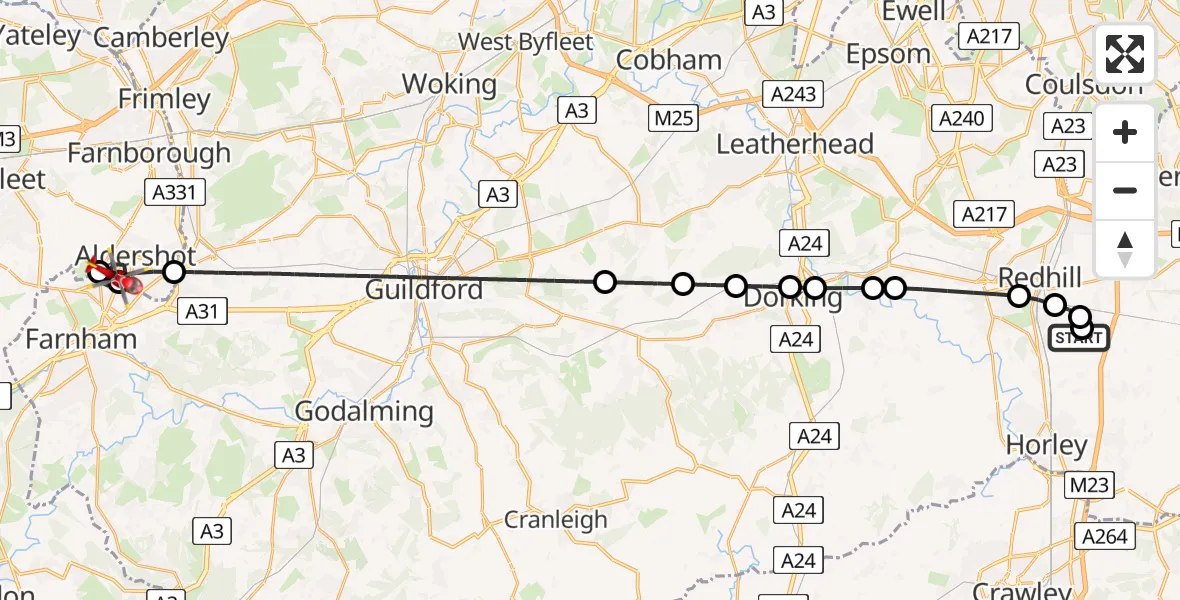 Flight route Air Ambulance Helicopter Redhill Aerodrome - Aldershot, 11 August 2026, 16:22