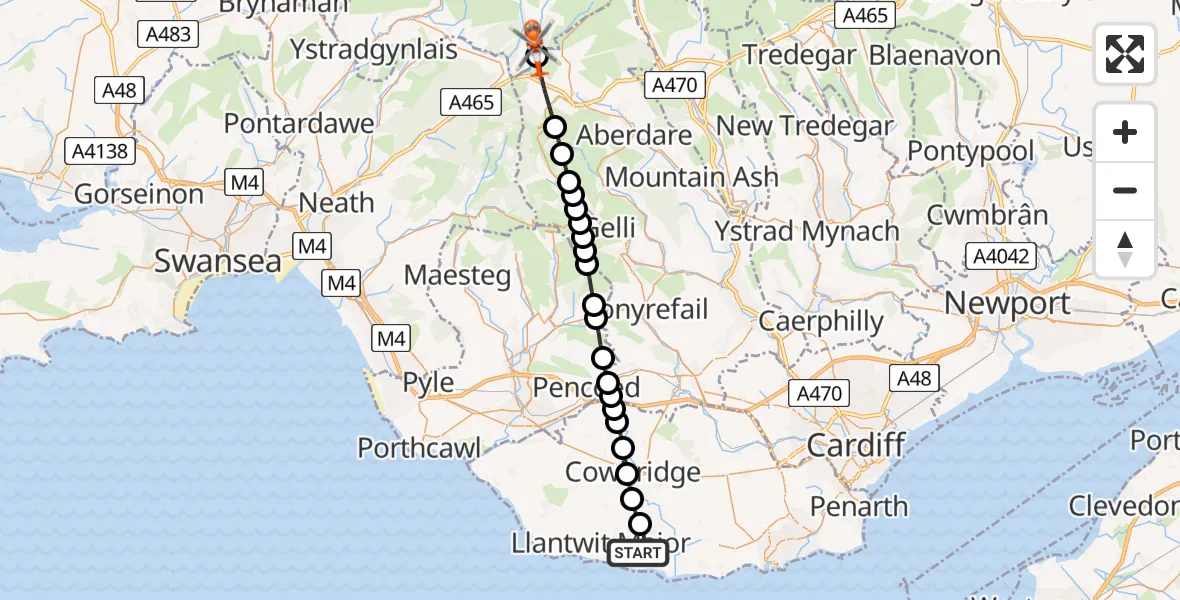Flight route Coastguard Helicopter MOD St Athan - Powys, 11 August 2026, 16:30