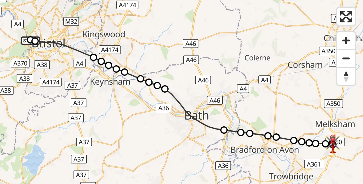 Flight route Air Ambulance Helicopter Bristol - Wiltshire Air Ambulance, 11 August 2026, 16:33