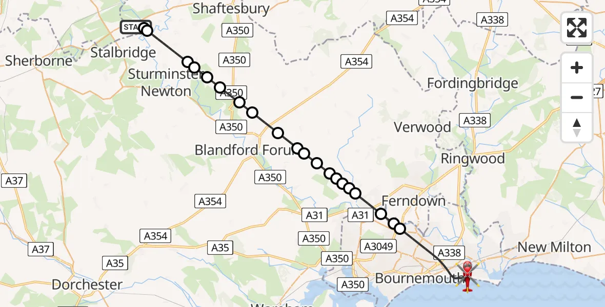 Flight route Air Ambulance Helicopter Henstridge Airfield - Bournemouth, 11 August 2026, 16:37