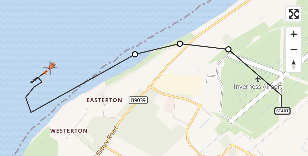 Flight route Coastguard Helicopter Inverness Airport - Inverness, 11 August 2026, 16:44