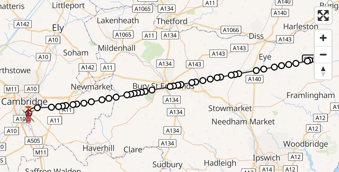 Flight route Air Ambulance Helicopter Fressingfield - Papworth Hospital, 11 August 2026, 16:44