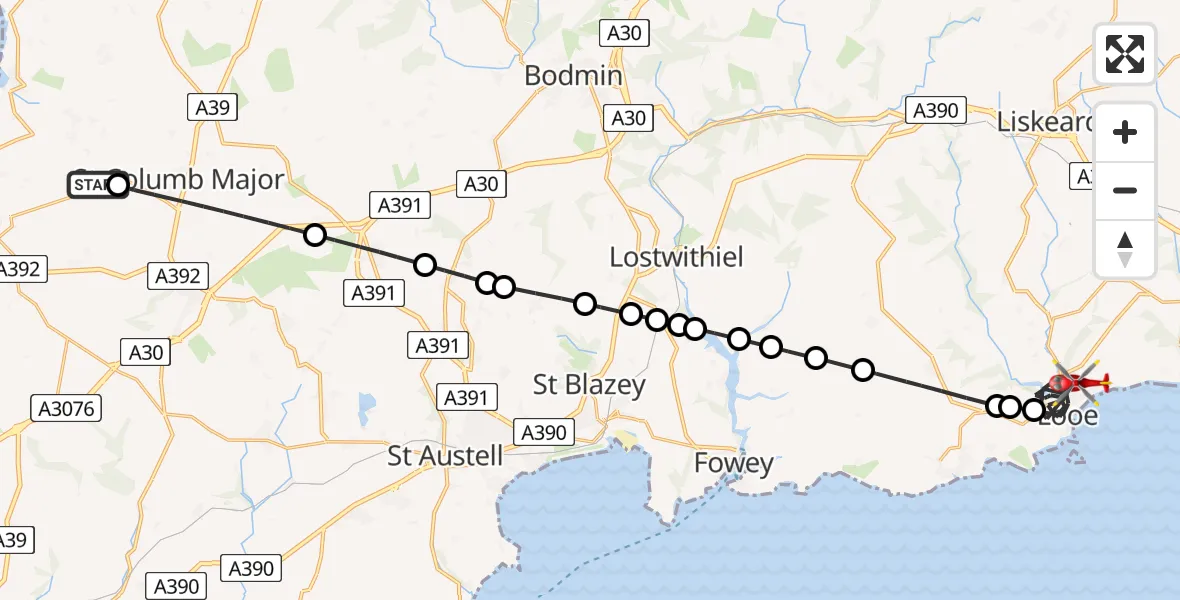 Flight route Air Ambulance Helicopter Cornwall Airport Newquay - Looe, 11 August 2026, 16:51