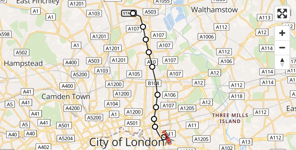 Flight route Air Ambulance Helicopter West Green - Royal London Hospital, 11 August 2026, 16:55