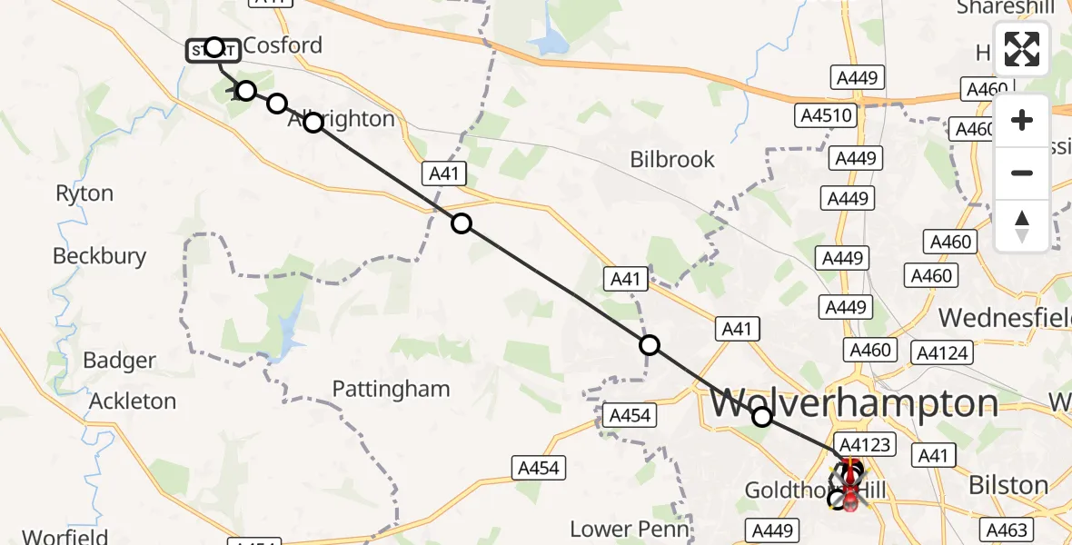Flight route Air Ambulance Helicopter RAF Cosford - Goldthorn Hill, 11 August 2026, 17:02