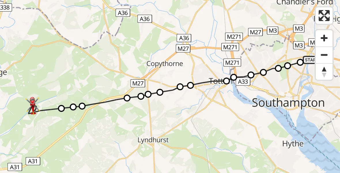 Flight route Air Ambulance Helicopter Mansbridge - New Forest, 11 August 2026, 17:12