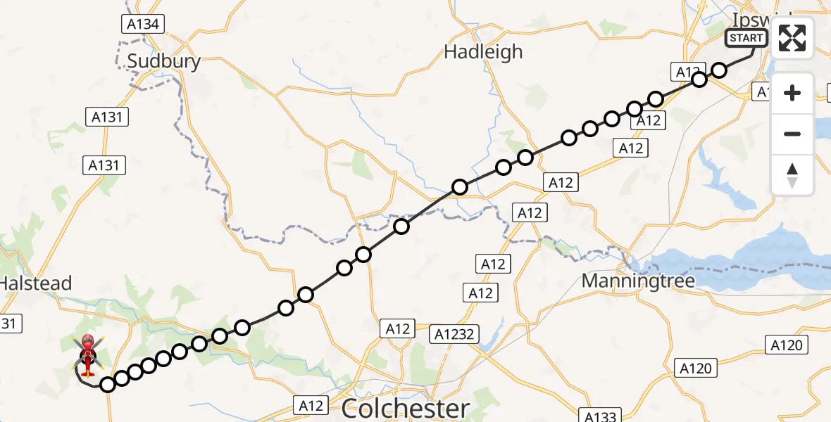 Flight route Air Ambulance Helicopter Ipswich - Earls Colne Airfield, 11 August 2026, 17:13