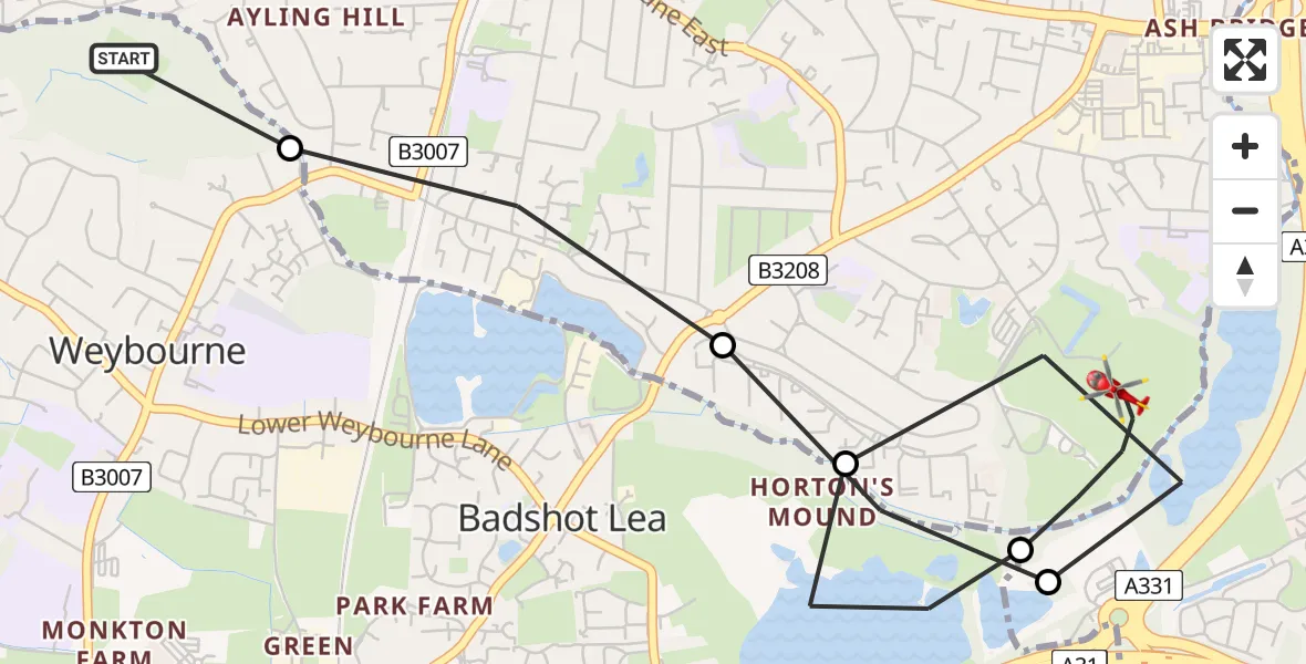 Flight route Air Ambulance Helicopter Aldershot - Guildford, 11 August 2026, 17:19