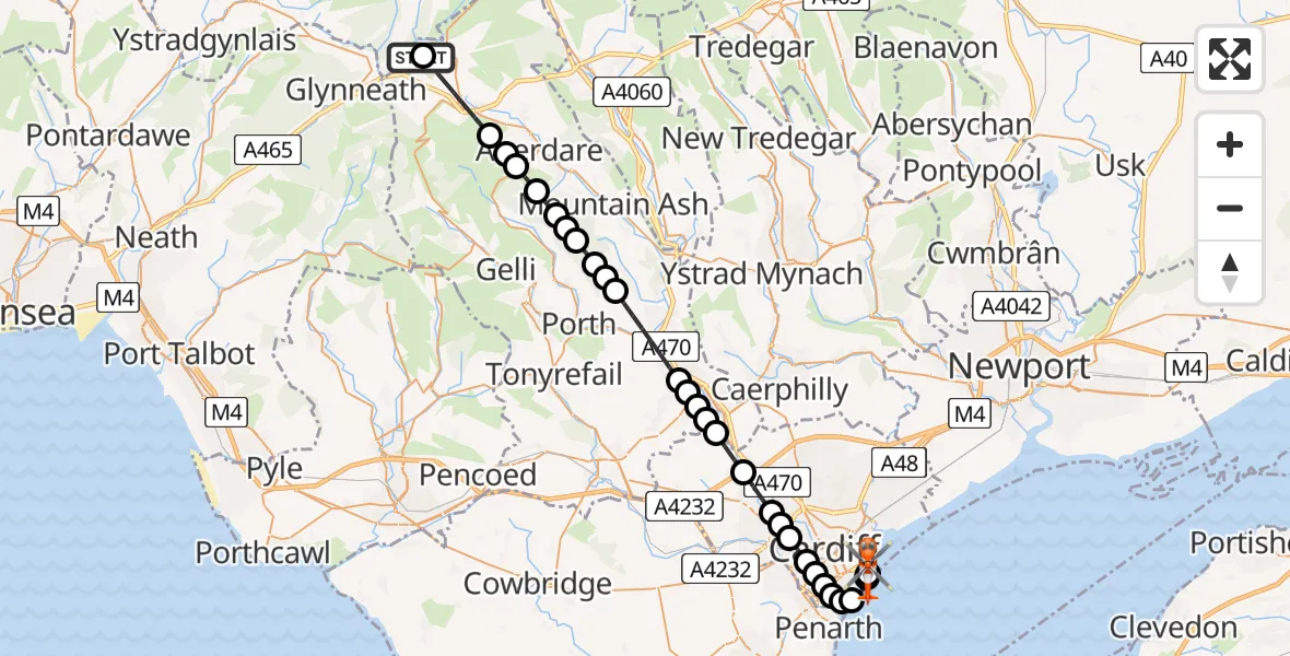 Flight route Coastguard Helicopter Powys - Cardiff Heliport, 11 August 2026, 17:21