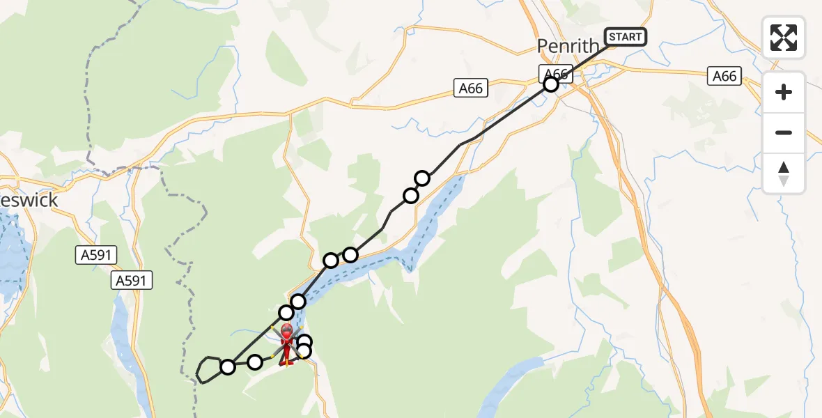 Flight route Air Ambulance Helicopter Penrith - Glenridding, 11 August 2026, 17:25