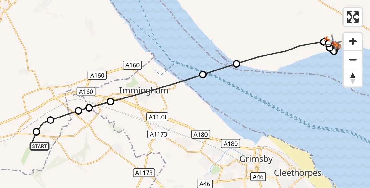 Flight route Coastguard Helicopter Humberside Airport - Welwick, 11 August 2026, 17:25