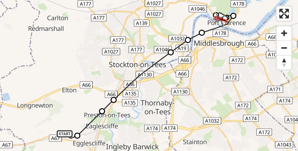 Flight route Air Ambulance Helicopter Egglescliffe - Middlesbrough, 11 August 2026, 17:28