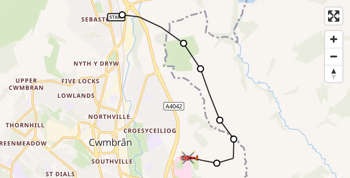 Flight route Air Ambulance Helicopter Pontypool - Cwmbrân, 11 August 2026, 17:37