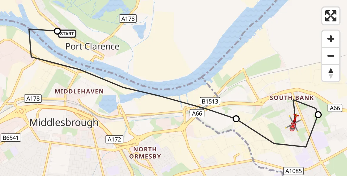 Flight route Air Ambulance Helicopter Billingham - South Bank, 11 August 2026, 17:36