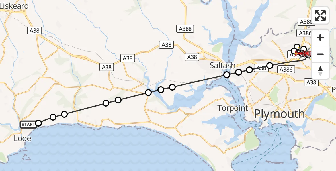 Flight route Air Ambulance Helicopter Looe - Derriford Hospital, 11 August 2026, 17:37