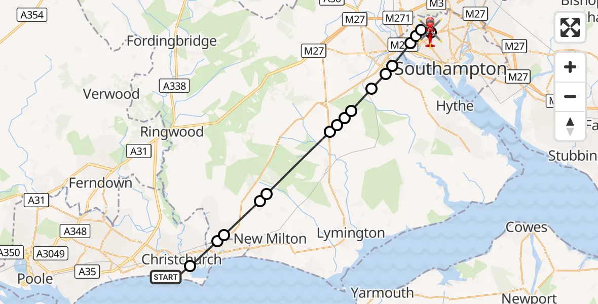 Flight route Air Ambulance Helicopter Bournemouth - University Hospital Southampton, 11 August 2026, 17:46