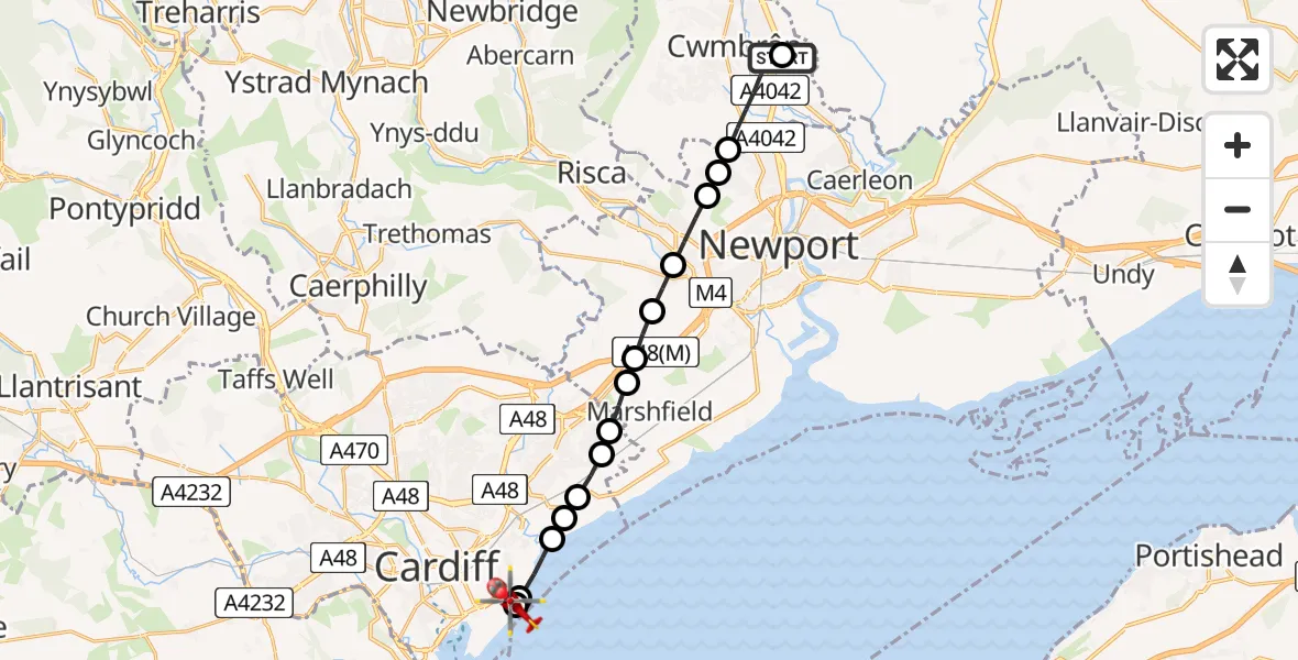 Flight route Air Ambulance Helicopter Grange University Hospital Heliport - Cardiff Heliport, 11 August 2026, 17:49