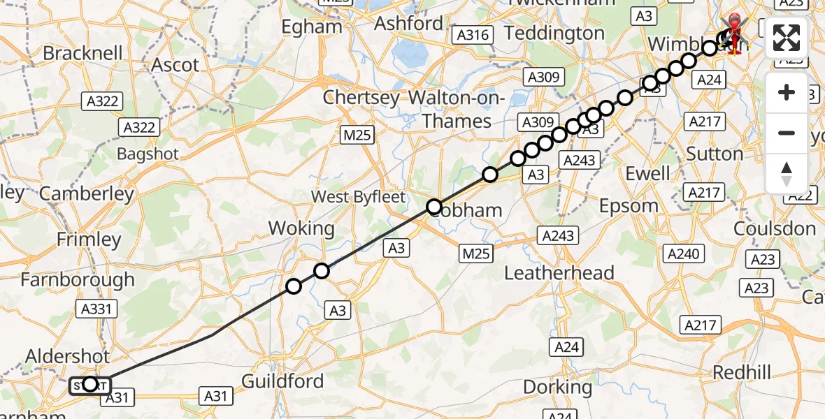 Flight route Air Ambulance Helicopter Aldershot - St Georges Hospital, 11 August 2026, 17:52
