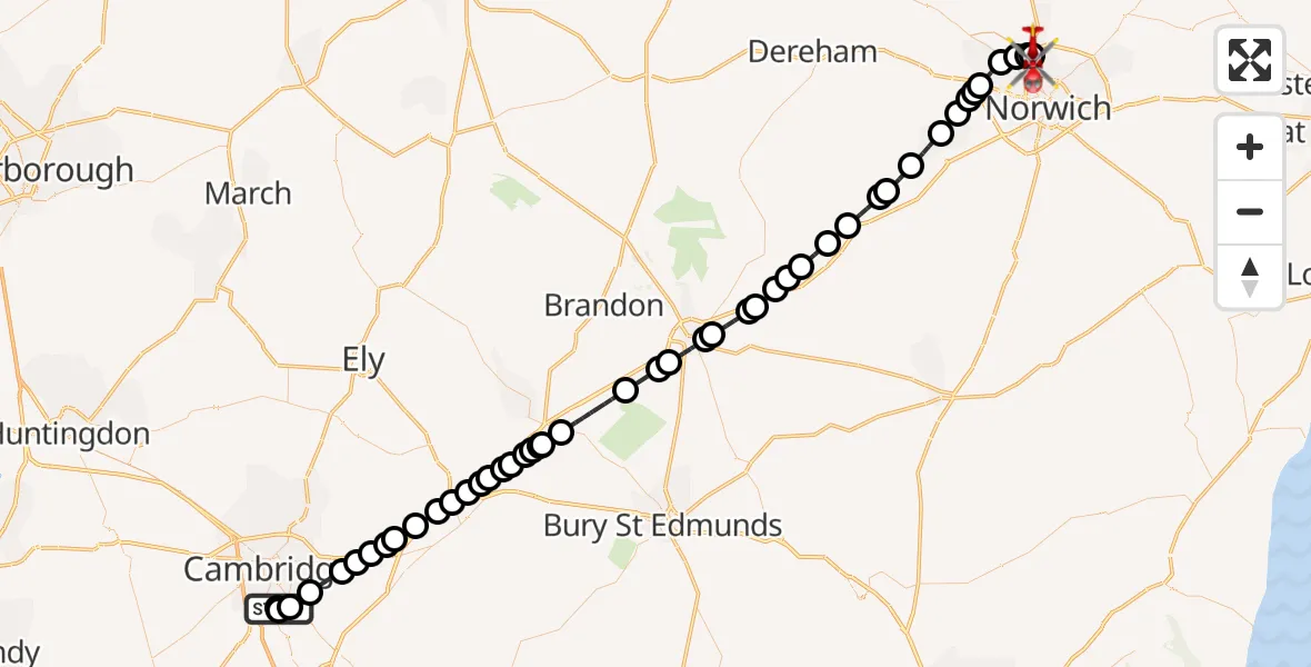 Flight route Air Ambulance Helicopter Papworth Hospital - Norwich Airport, 11 August 2026, 18:02