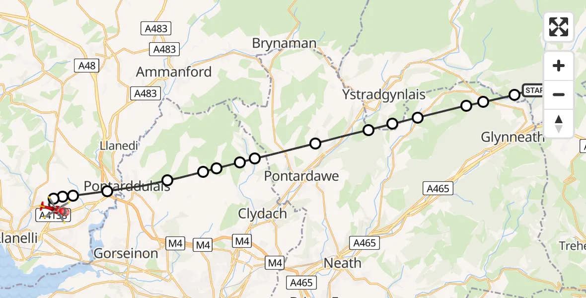 Flight route Air Ambulance Helicopter Powys - Dafen, 11 August 2026, 18:03