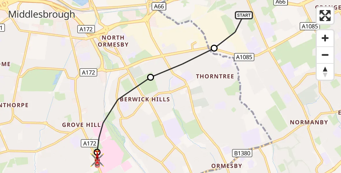 Flight route Air Ambulance Helicopter South Bank - James Cook University Hospital, 11 August 2026, 18:06