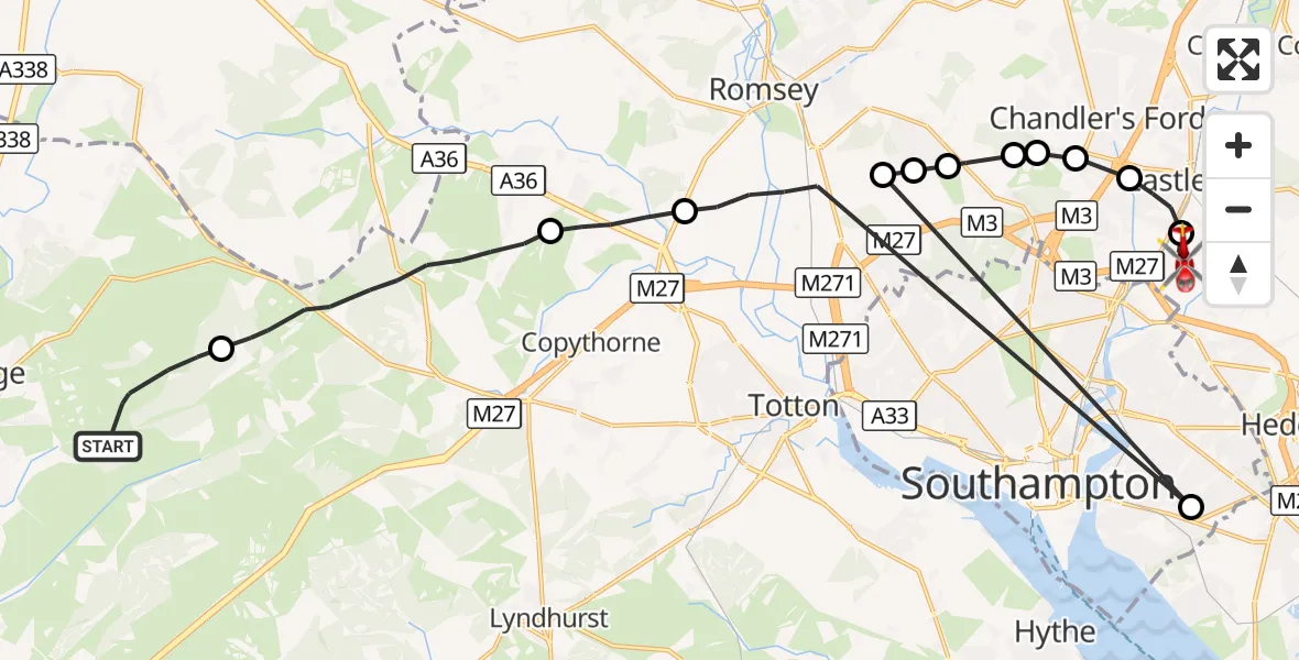 Flight route Air Ambulance Helicopter New Forest - Southampton Airport, 11 August 2026, 18:09