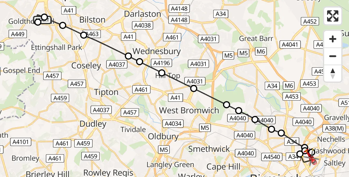 Flight route Air Ambulance Helicopter Goldthorn Park - Saltley, 11 August 2026, 18:10
