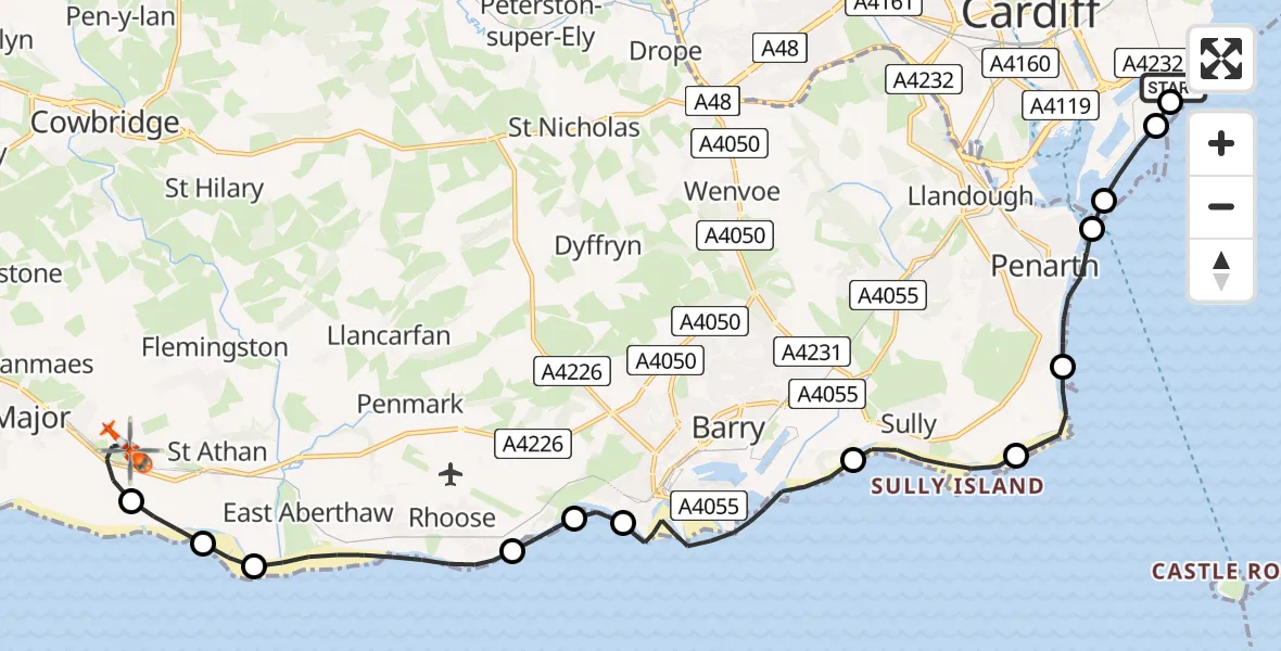Flight route Coastguard Helicopter Cardiff Heliport - MOD St Athan, 11 August 2026, 18:11