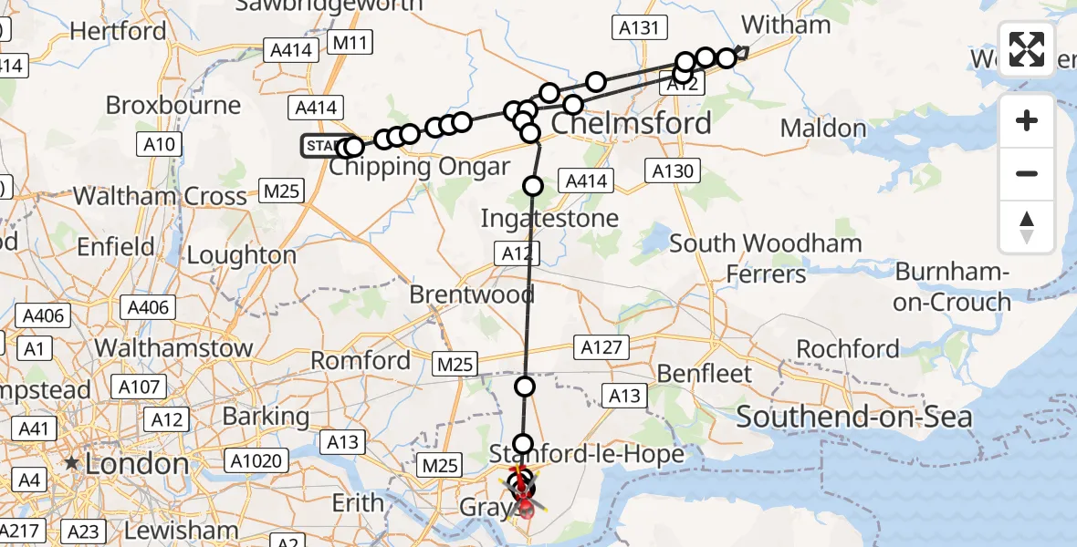 Flight route Air Ambulance Helicopter North Weald Airfield - Grays, 11 August 2026, 18:18