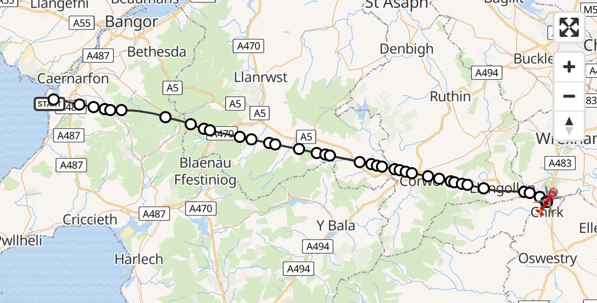 Flight route Air Ambulance Helicopter Caernarfon Airport - Chirk, 11 August 2026, 18:21