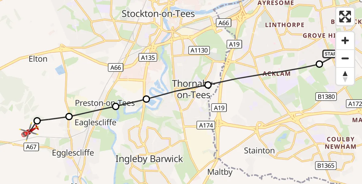 Flight route Air Ambulance Helicopter James Cook University Hospital - Egglescliffe, 11 August 2026, 18:39