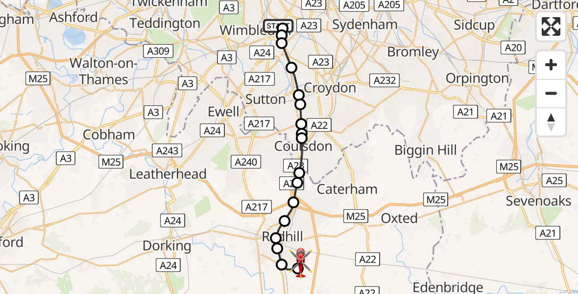 Flight route Air Ambulance Helicopter St Georges Hospital - Redhill Aerodrome, 11 August 2026, 18:44