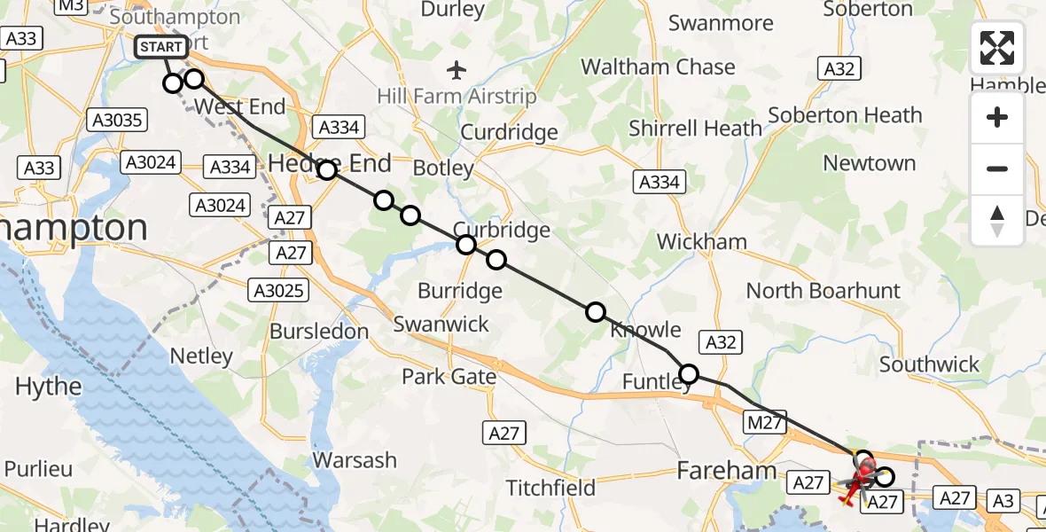 Flight route Air Ambulance Helicopter Southampton Airport - Fareham, 11 August 2026, 18:48