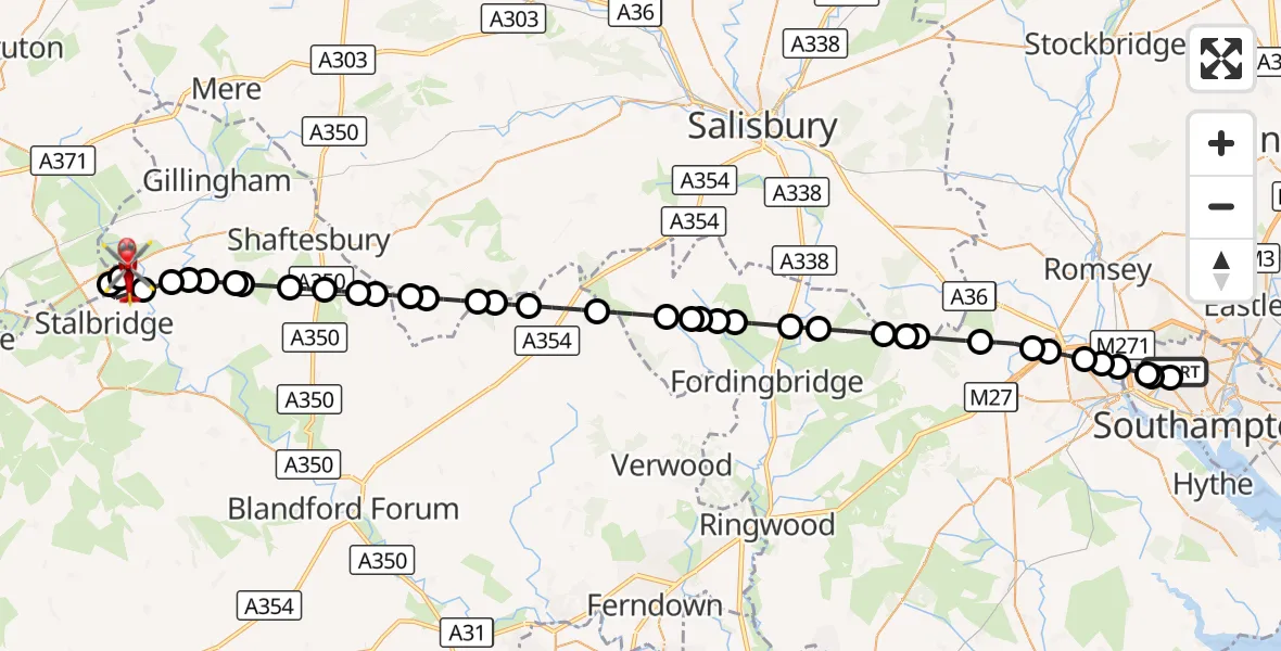 Flight route Air Ambulance Helicopter University Hospital Southampton - Henstridge Airfield, 11 August 2026, 18:53
