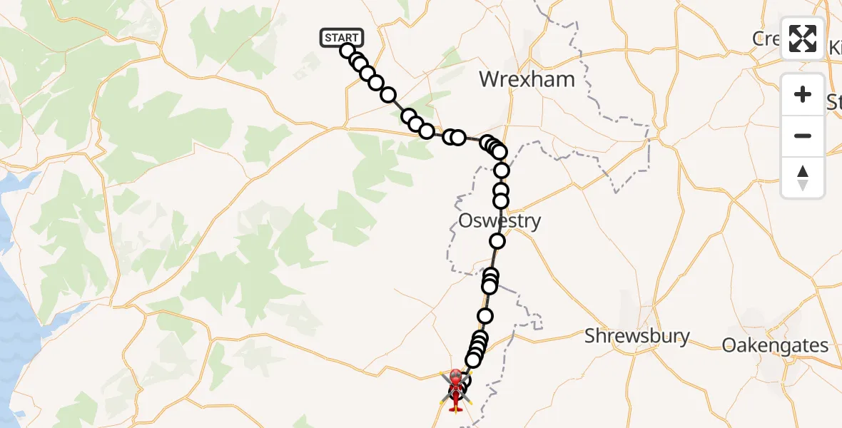 Flight route Air Ambulance Helicopter Cyffylliog - Welshpool Airport, 11 August 2026, 18:57