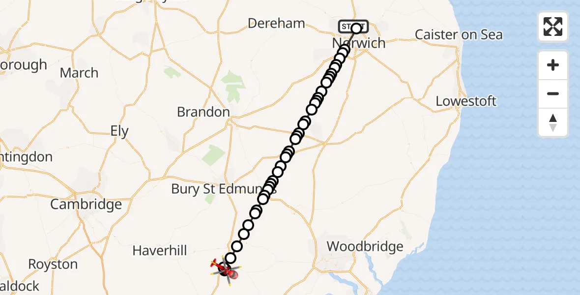 Flight route Air Ambulance Helicopter Norwich Airport - Braintree, 11 August 2026, 19:08