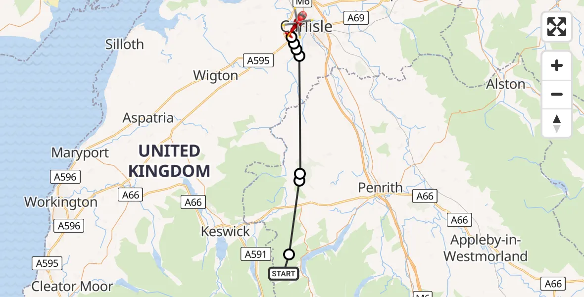 Flight route Air Ambulance Helicopter Patterdale - Carlisle General, 11 August 2026, 19:12