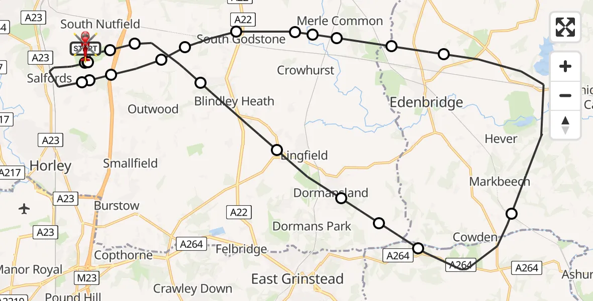 Flight route Air Ambulance Helicopter Redhill Aerodrome - Redhill Aerodrome, 11 August 2026, 19:18