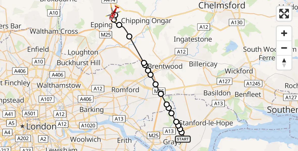 Flight route Air Ambulance Helicopter Grays - North Weald Airfield, 11 August 2026, 19:19