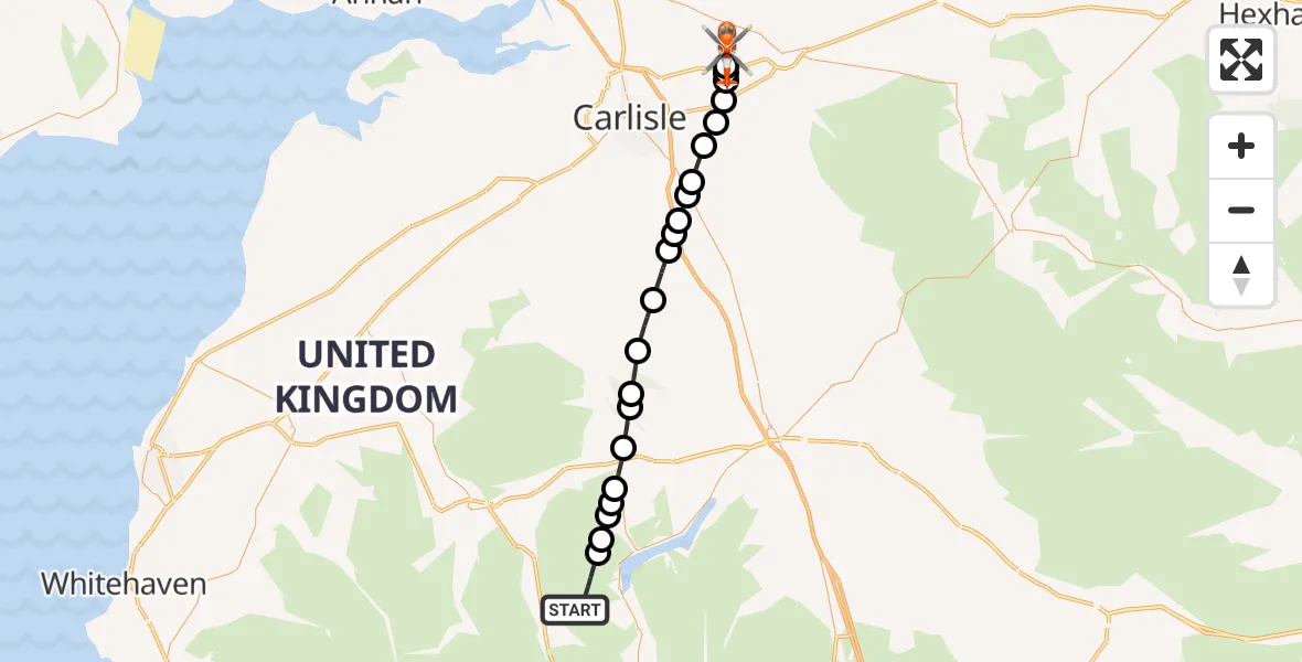 Flight route Coastguard Helicopter Patterdale - Carlisle Lake District Airport, 11 August 2026, 19:20