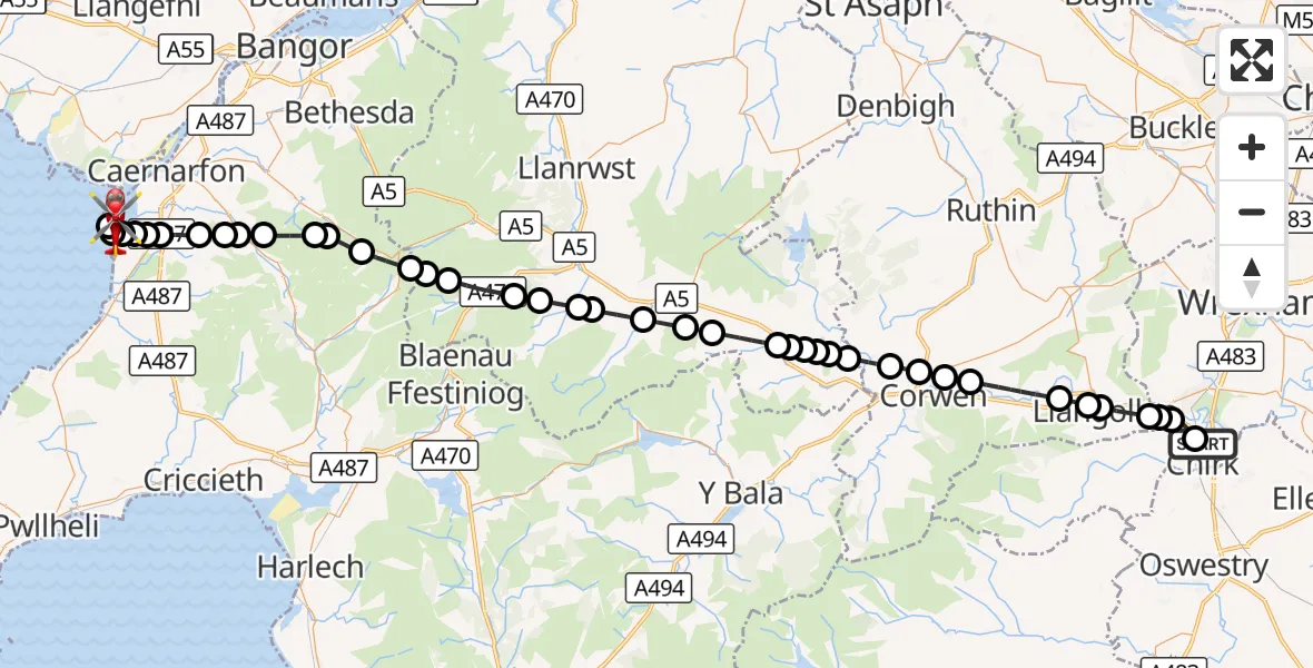 Flight route Air Ambulance Helicopter Chirk - Caernarfon Airport, 11 August 2026, 19:24