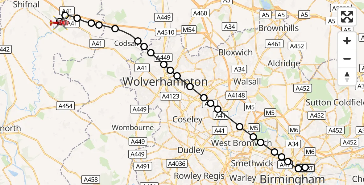 Flight route Air Ambulance Helicopter Nechells - Cosford, 11 August 2026, 19:25