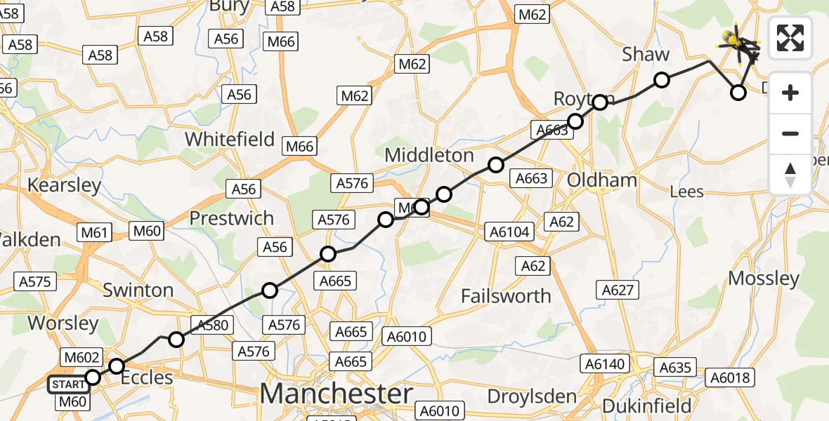 Flight route Police Helicopter Worsley - Oldham, 11 August 2026, 19:26