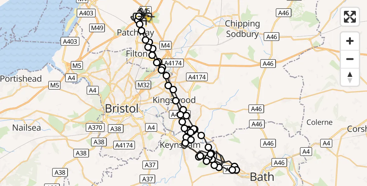 Flight route Police Helicopter Almondsbury Helicopter Base - Almondsbury Helicopter Base, 11 August 2026, 19:35